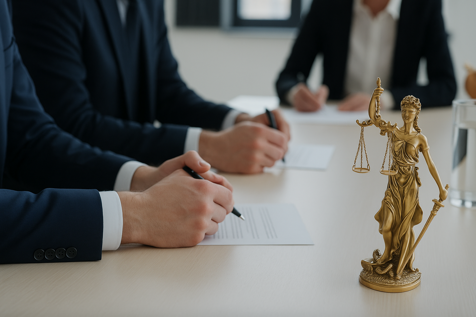 Rechtsanwälte bei der Arbeit mit Justitia Statue